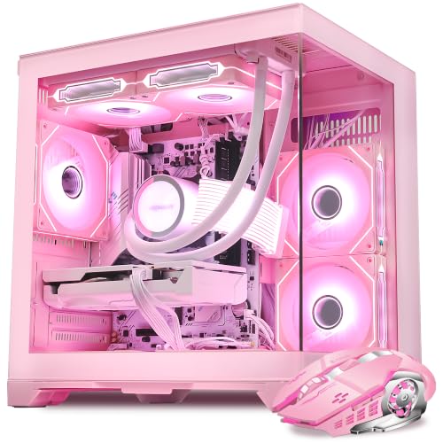 HELLOLAND Pink RGB Prebuilt Gaming Desktop PC AMD Ryzen 7 5700X 3.4GHz GeForce RTX 5060 8GB 32GB DDR4 RAM 1TB PCIe SSD 240mm AIO Liquid Cooler WiFi Bluetooth Windows 11 Gaming Tower Computer