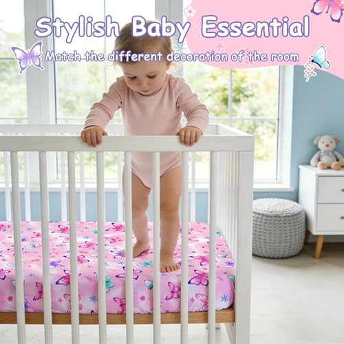Image of JISEN Baby Crib Sheets Soft Breathable Butterfly Fitted Crib Sheets for Standard Crib and Toddler Mattress Baby Bed Sheets for Boys Girls Neutral 52x28 Inch Pink