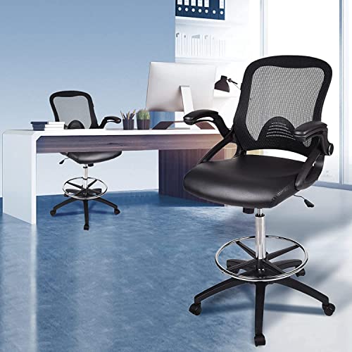 Artethys Drafting Chair With Flip-Up Armrests, Tall Office Chair Adjustable Height, Standing Desk Chair Rotatable Pu Leather Seat(Black) #TOP7