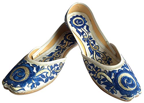 Step N Style Women Flat Ballerina Punjabi Jutti Khussa Shoes Ethnic Phulkari Shoes (9) Blue White #TOP1