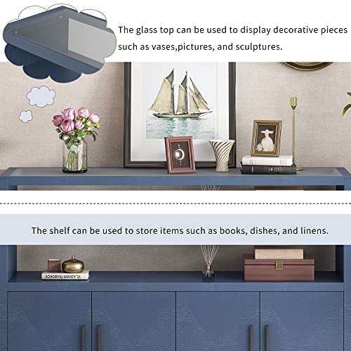 Knocbel Modern Buffet Sideboard Storage Cabinet With 4 Doors, Glass Tabletop, Open Compartment And Adjustable Shelves, Entryway Hallway Foyer Long Console Table Cupboard Coffee Bar Cabinet, Navy Blue #TOP7
