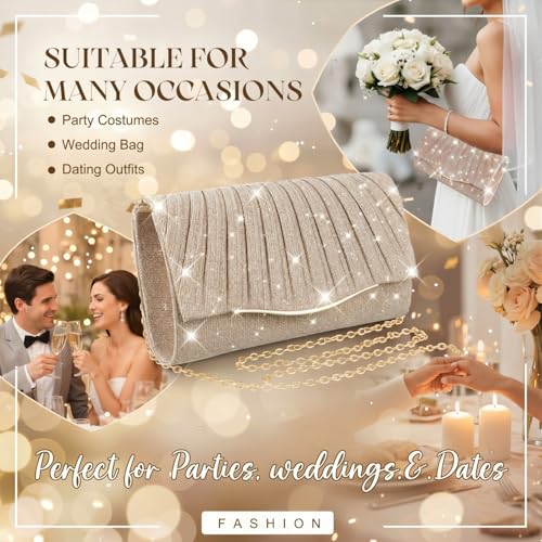 Image of Clutch Purses for Women Evening Bag Formal Dressy | Crossbody Bag with Metal Chain, Stylish Clutch, Pleated Style, Polyester, for Wedding, Prom, Cocktail Party