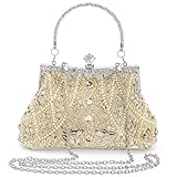 WRINGKIT 1920s Vintage Evening Bag, Champagne Beaded Clutch Purse for Woman, Elegant Rhinestone Clutch Crossbody Bag with Sequin Pearl, Evening Handbag Shoulder for Formal Bridal Wedding Party Prom