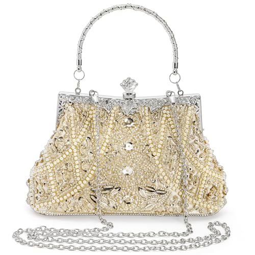 WRINGKIT 1920s Vintage Evening Bag, Champagne Beaded Clutch Purse for
