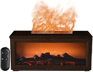Essential Oil Diffuser with Realistic Fireplace Flame Effect Wood Grain, Portable 280ml Ultrasonic Aromatherapy Humidifier, Adjustable Mist & Timer Super Quiet (Dark Brown)