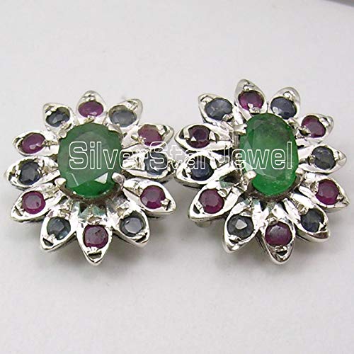 925 Solid Silver Multicolor Faceted Emerald, Ruby & Sapphire Earrings 1.5 cm2