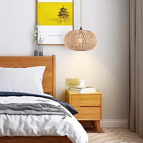 Plug In Pendant Light Hanging Lights With Plug In Cord Dimmable Rattan Hanging Lamp Wicker Woven Basket Lampshade,Farmhouse Industrial Boho Plug In Ceiling Light Fixture For Living Room Kitchen Island #TOP7