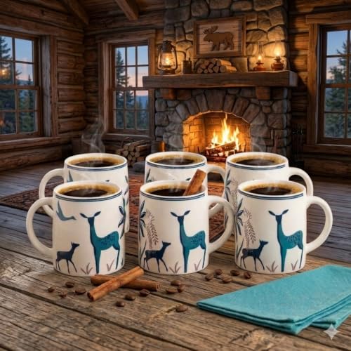 Image of Alive Blue Deer Art Printed Ceramic Tea /Coffee Mug Set of 6 (300 ml) | Microwave & Dishwasher Safe |Premium Ceramic Mugs for Home, Office & Gifting
