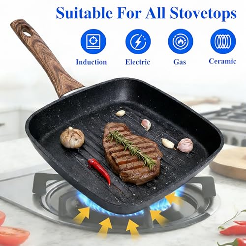 Simple Deluxe 3 Pieces Nonstick Grill Pan Set, Square Versatile Griddle Pans with Wooden Handle, Durable Skillet Indoor & Outdoor Use, All Stovetops Compatible(9.5\", 10.2\", 11\"), PFOA Free, Black