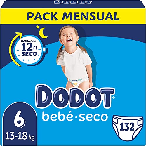 Dodot Pañales Bebé-Seco Talla 6 (+13 kg), 132 Pañales con Protección Antifugas, Pack Mensual