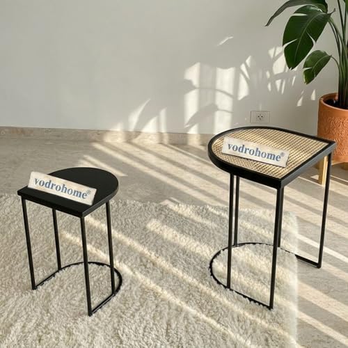 Image of Charcoal Rattan Cane Side Table with Glass top - Bohemian Solid Mango Wood Cane Iron Sofa Side end Table - Wood and Cane Nesting Table S#047 (Charcoal Black)