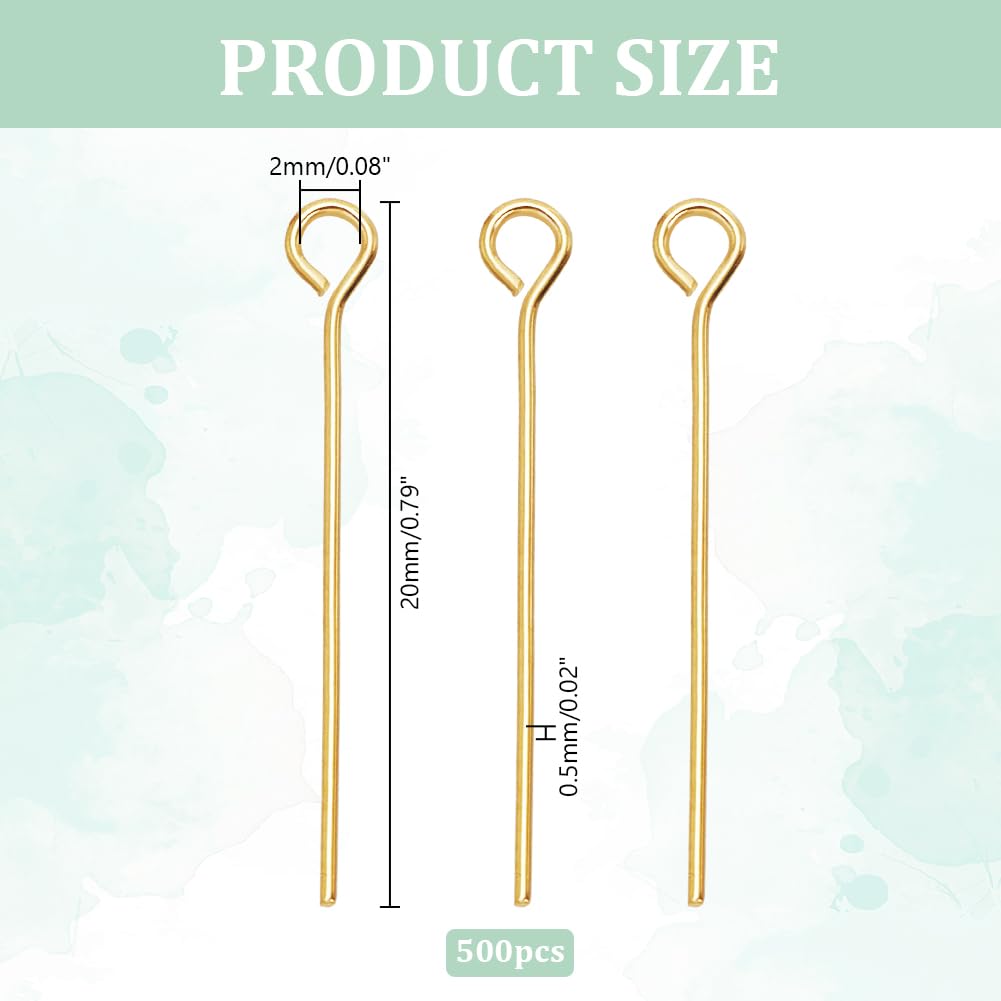 arricraft 500 Pcs 18K Gold Plated Open Eye Pins, 20mm (0.79 Inch) 24 Gauge Head Pins for DIY Jewelry Making – Ideal for Crafting Earrings, Bracelets, Necklaces, and Other Accessories