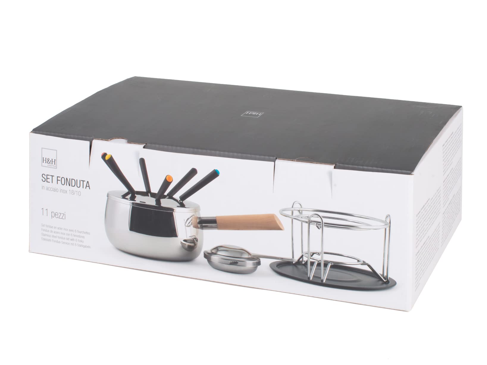 H&H Servizio Fonduta in Acciaio Inox 18/10, 11 Pezzi, Manico in Legno
