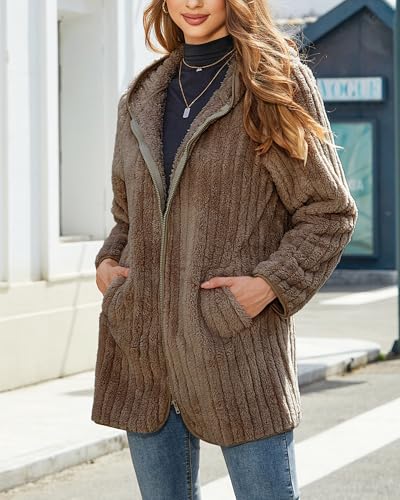 Womens Fleece Jacket Hooded Winter Warm Full Zip Long Sleeve Sherpa Jacket Coat Outerwear with Hood (S-5XL)3