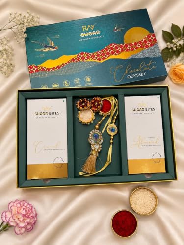 Image of LB Ray Raksha Bandhan Gift Hamper with Premium Designer Rakhi, 2 No Added Sugar Chocolates (Crunch & Roasted Almond, 90g Each), Roli Chawal Set | Festive Gift Box for Brother