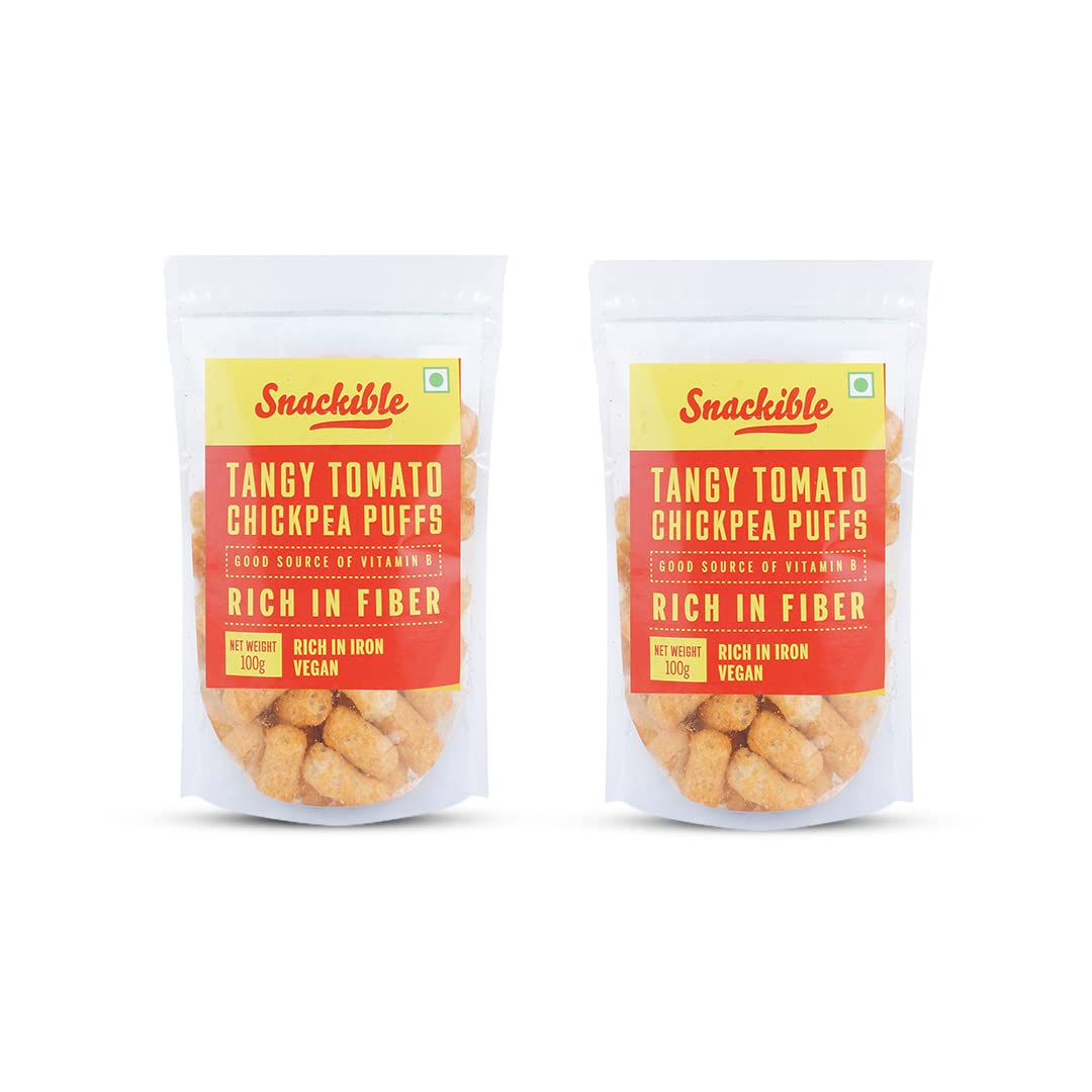 Snackible Tangy Tomato Chickpea Puffs (Pack of 2) 100 gm | Healthy Snacks | Rich in Protein | No MSG | No Palm Oil | Fibre Rich Snack | No Preservatives