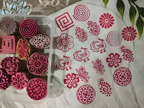 Image of RENIQ Wooden Printing Block for Fabric & DIY Craft | Handcrafted Indian Design Stamp for Textile, Pottery, Mehndi & Home Decor (Multicolor25)