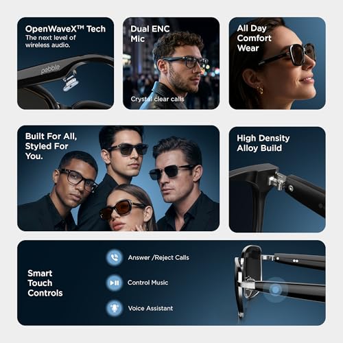 Image of Pebble Onyx Smart Glasses 5.4 with Dual Speakers, BT Calling, Voice Assistant & 10-Hour Battery | Premium Metal Hinge Design (Mystic Black)