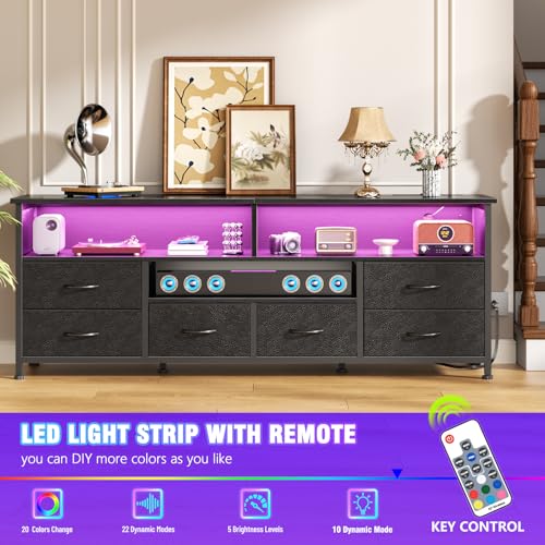 Image of Furologee TV Stand for 65 70 Inch TVs, 63 Inch Entertainment Center with Power Outlets and LED Lights, Media Console with 6 Fabric Drawers, PU Leather Surface for Living Room, Bedroom