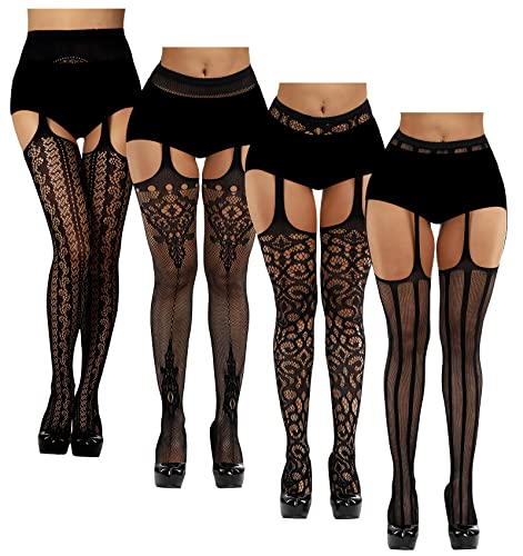 Chalier Fishnet Stockings Tights Suspender Sexy Pantyhose Lace Thigh High Stockings for Women