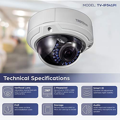 Trendnet Indoor/Outdoor 2Mp 1080P Varifocal Poe Ir Dome Network Camera, Ip66 Rated Housing, Adjustable Lens, Digital Wdr, Ik10 Vandal Resistant, Onvif, Ipv6, Tv-Ip341Pi #TOP2