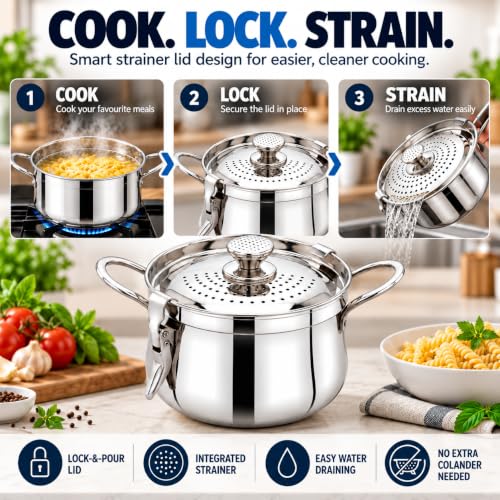 Image of Pigeon Nexa Stainless Steel Strainer Pot 3Litre - Cooking Strainer Pot for Pasta, Noodles, Vegetables, and Rice | Locking Design | Induction Base | 1 Year Warranty