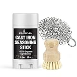 Culina Cast Iron Seasoning Stick & brush & stainless Scrubber | All Natural Ingredients | Best for...