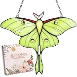 AuroAura Green Luna Moth Stained Glass Window Hanging - Handmade Real Glass Suncatcher for Women, Mom, Grandma - Elegant Green Butterfly Gifts Box Home Decor (H5.8xW7.3 Inch)