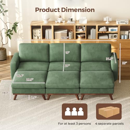 Image of Vesgantti 97 inch Modular Sectional Sofa Green, Sectional Couch with Movable Ottoman, Comfy Corduroy Couch with Spring Cushion, Modular Sofa with Deep Seat for Living Room, Bedroom and Apartment