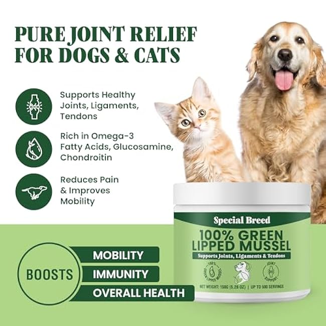 Green Lipped Mussel Powder for Dogs & Cats - 100% New Zealand Green Lipped Mussels - Natural Hip & Joint Supplement for Joints, Tendons, Ligaments, Muscles - 150 Grams - Up to 500 Servings-PAREOw8y