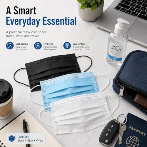 Image of Kausta Disposable 3 Ply Face Mask Pack of 50 | Soft Non-Woven Breathable with Elastic Ear Loops & Adjustable Nose Clip | Comfortable Protection for Daily Use Office & Outdoor | Black, White & Blue