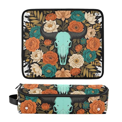 Bolsa de viaje para herramientas de cabello y tapete resistente al calor con cierre impermeable turquesa floral con calavera para planchas, rizadores y organizador de accesorios miniatura 3