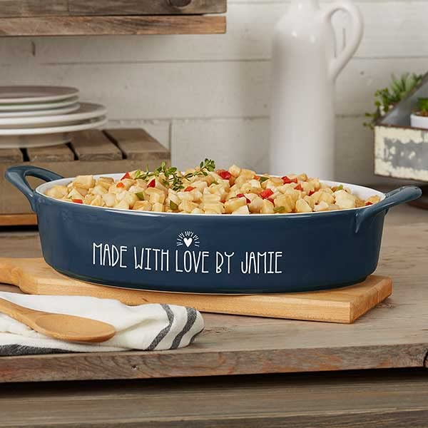 Personalization Universe Made With Love Personalized Oval Baking Dish - 3 Quart Stoneware Casserole Dish - Oven Safe, Microwave & Dishwasher Safe - Perfect for Baking, Cooking & Serving - Navy