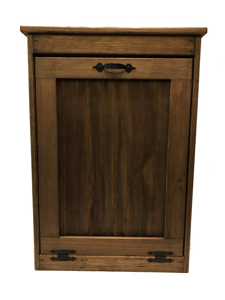 Fully Assembled, Wooden Tilt-Out Trash Bin with Solid Top, Solid Pine with Bead Board Panels, Rustic Walnut Stain, 13 Gallon Capacity, 14" D x 21" W x 30" H