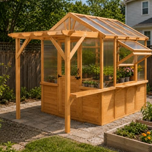 Image of EROMMY 7x11 FT Spruce Wood Greenhouse with Pergola, Walk-in Polycarbonate Greenhouse Kit with Top-Hung Windows, Built-in Workstation and Staging Shelves for Backyard Garden