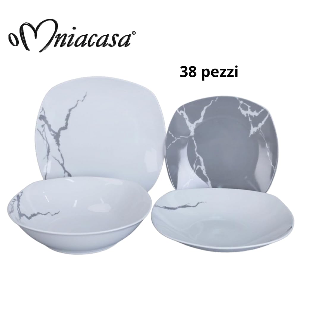 Servizio Piatti 38 Pezzi Per 12 Persone | Resistente Porcellana Bianca e Grigia Design Moderno Marmorizzato Elegante Raffinato | Uso Quotidiano, Occasioni Speciali, Lavabile in Lavastoviglie