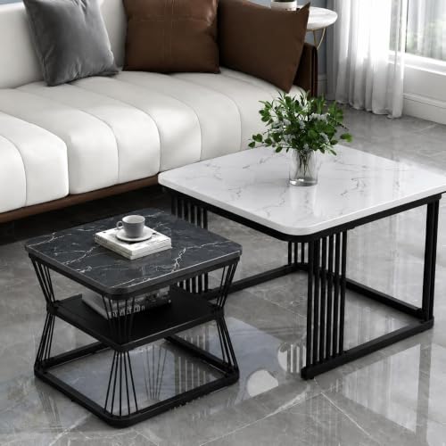 Image of Brown Art Shoppee Set of 2 Modern Coffee Tables with Marble Finish Top, Metal Frame, Nesting Center Table & End Table for Living Room Home Decor (Black & Black-White)
