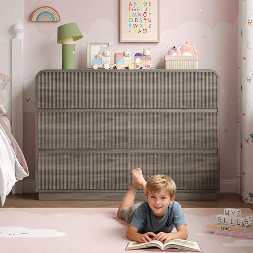 Image of BORNOON Dresser for Bedroom with 6 Drawers, Fluted Chest of Drawers with Round Curved Corner, Hidden Handles, Modern Wood Storage Organizer for Bedroom, Nursery, Living Room
