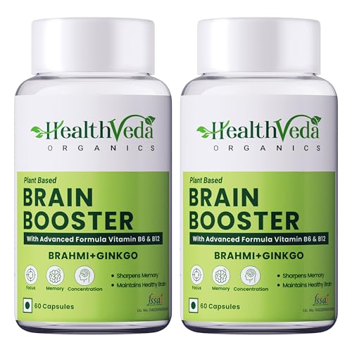 Image of HEALTH VEDA ORGANICS PRIVATE LIMITED Plant Based Brain Booster With Ginkgo Biloba & Brahmi I 120 Veg Capsules I Boosts Concentration & Learning Activities I For Both Men & Women (Pack Of 2)