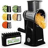 NutriChef 5 in 1 Cheese Grater & Shredder | 5 Different Blades for Thin, Thick, Julienne Strips, Wavy, & Straight Strips | Includes Hand Crank, Strong Suction Base & Storage Container | Black