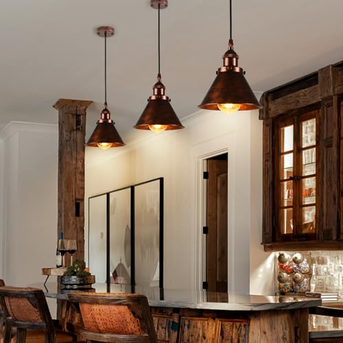TAKEGO 7.09" Copper Pendant Light Set of 2, Rustic Pendant Light Kitchen Island, Vintage Farmhouse Light Fixtures, Hanging Ceiling Lamp for Kitchen Island, Hallway, Dining Room