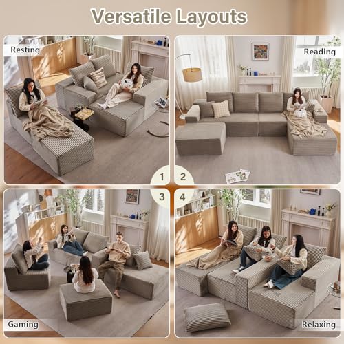 Image of Lakifun 135 inch U-Shape Cloud Couch, Modern Modular Sectional Comfy L-Shape Sofa with Ottoman, Deep Seat, Upholstered Corduroy Sleeper Chaise Longue for Living Room Bedroom, No Assembly Required, Camel