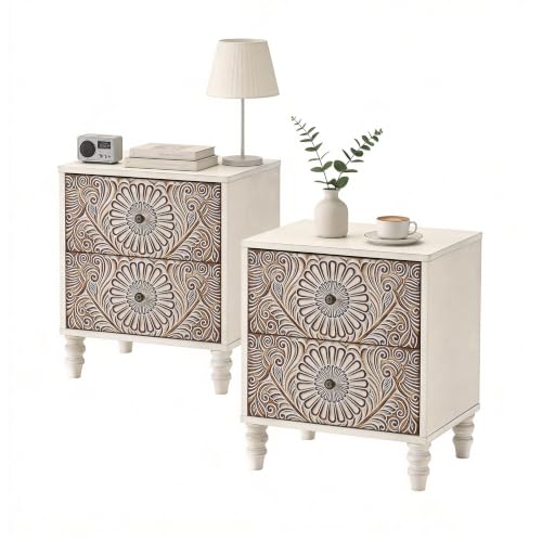Image of HOMPUS Fully Assembled Nightstand Set 2, 2-Drawer Farmhouse Nightstand Set of 2, Wood Bedside Table with 2 Drawers, Vintage Accent End Table for Living Room, Bedroom, Distress White