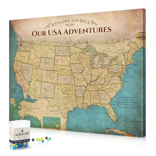 Image of DECORARTS - Push Pin Travel Map USA, US Maps for Wall, Antique Vintage Old United States Pin Board Canvas Wall Art, Giclee Print on Canvas, Handcrafted in USA, 30x24''