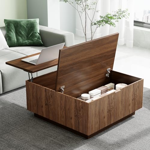 Epecoya Lift Top Coffee Table, Farmhouse Square Fluted Center Table, 31' Modern Wooden Tea Table with Hidden Storage for Living Room, Apartment, Small Spaces, Brown Walnut