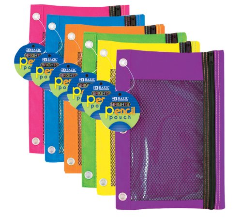 BAZIC Bright Color 3-Ring Pencil Pouch w/ Mesh Window, Case of 144 (804-144),MULTIPLE