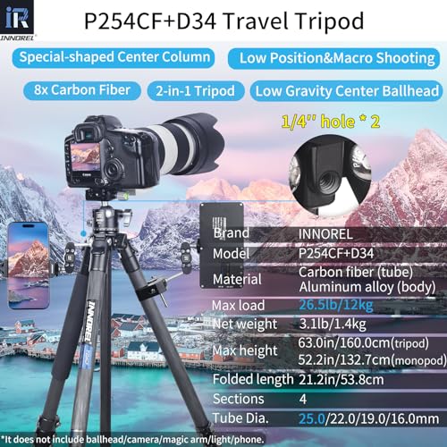 Image of INNOREL P254CF 63 inch Carbon Fiber Travel Tripod,Professional Compact Camera Tripod Stand for Digital DSLR Travel with Low Gravity Center Ball Head Special-Shaped Center Column Max Load 26.5 lbs /12 kg