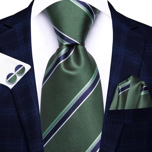 Image of Dubulle Mens Paisley Blue Green Striped Tie and Handkerchief Cufflinks Tie Set for Men Wedding Business Formal