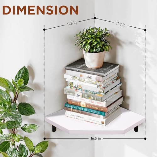 Demigo Corner Shelf Wall Mount, Set of 2 Solid Acacia Wood 10.3 x 16.5 inches Floating Corner Shelves, Smooth - Durable - Attractive Corner Shelves for Bedroom Living Room Bathroom Kitchen (White)