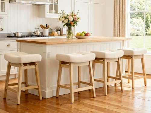 Counter Height Bar Stools Set of 4 for Kitchen Counter, Backless Farmhouse Island Short Barstools No Back with Padded Fabric Saddle Seat & Solid Wood Legs Modern 24 inch Counter Top Bar Chairs, Khaki